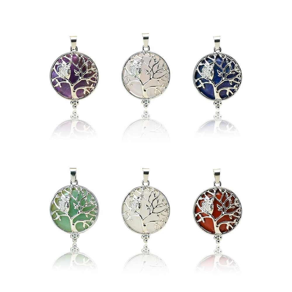 9178 6 Pieces Owl Tree of Life Pendant Gemstone Chakra Crystal Quartz Stone
